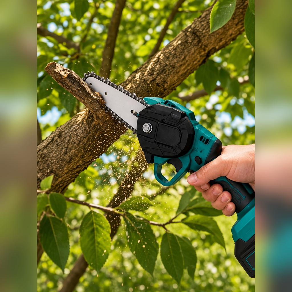 Mini motosierra a batería cortando una rama de árbol