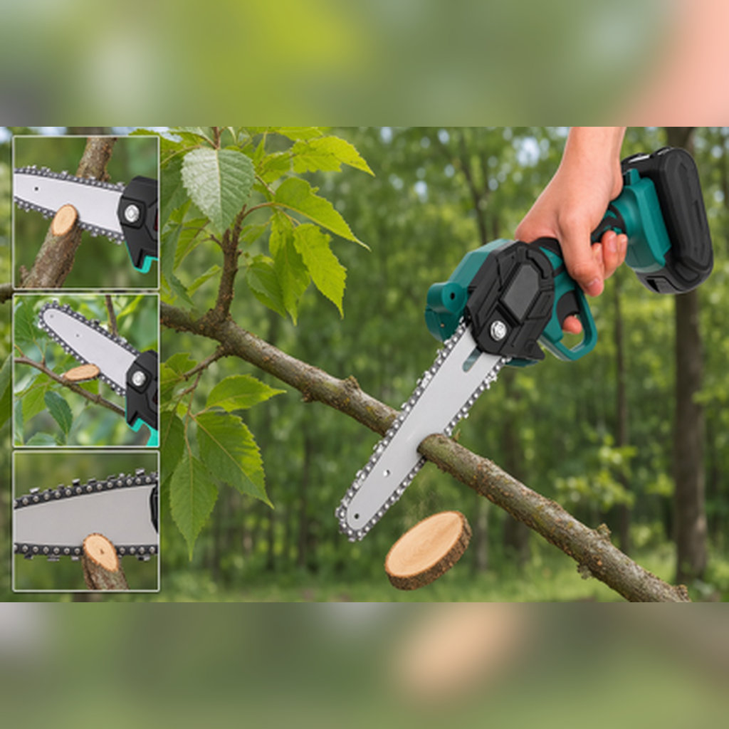 Mini motosserra a bateria a cortar um ramo na floresta